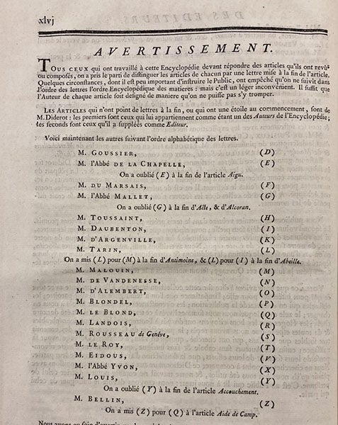 Avertissement, identifying the author marks of contributors, Encyclopédie, ed. by Denis Diderot and Jean D’Alembert, vol. 1, (Linda Hall Library)