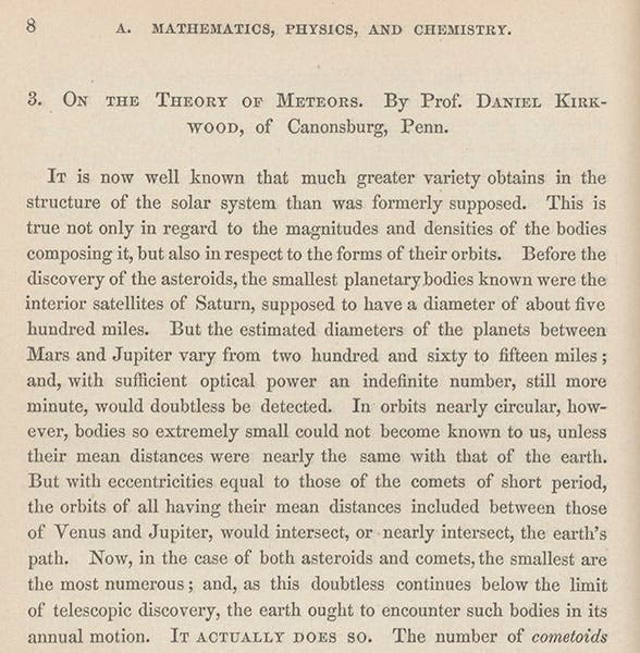 First page of “On the Theory of Meteors,” by Daniel Kirkwood, Proceedings of the AAAS, 1866-67 (Linda Hall Library)