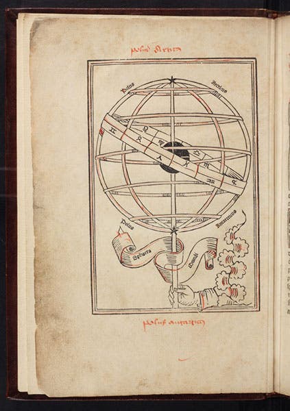 Armillary sphere, woodcut frontispiece, Sphaera mundi, by Johannes de Sacobosco, 1482 (Linda Hall Library)