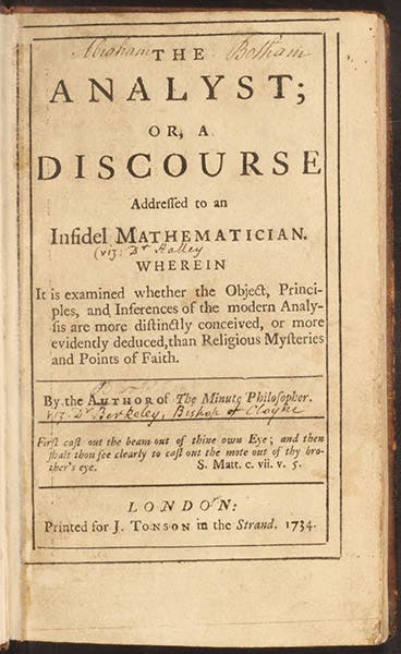 Title page, The Analyst; or, a Discourse Addressed to an Infidel Mathematician, by George Berkeley, 1734 (Linda Hall Library)