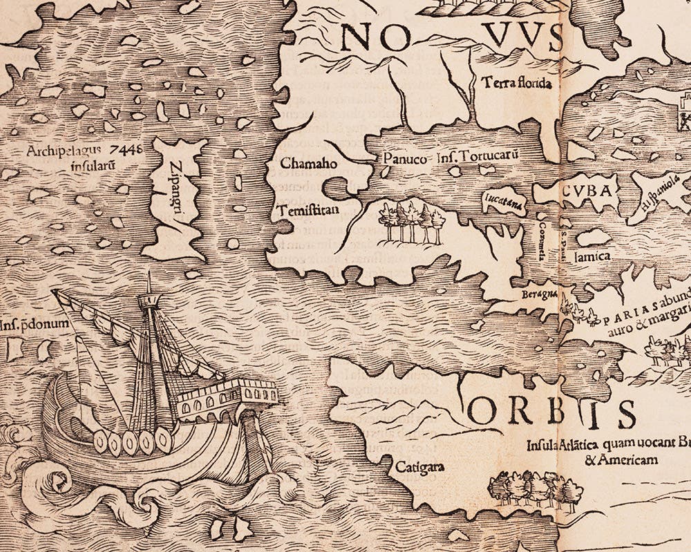 Magellan’s ship, the Victoria, in the Pacific Ocean on the map of the New World by Sebastian Münster from Geographia universalis vetus et nova. Basel, 1540.