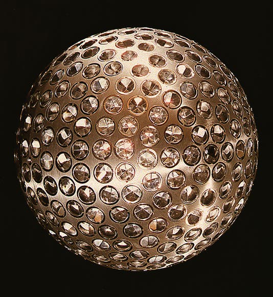 LAGEOS 1 satellite before launch, with some of its 426 retroreflectors visible (Wikimedia commons)
