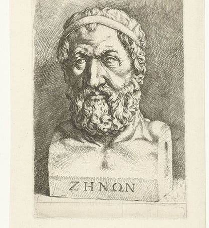 Supposed portrait of Zeno of Elea, engraving from Diogenes Laërtius, Lives and Opinions of Eminent Philosophers, unspecified edition, 17th century (Wikimedia commons)