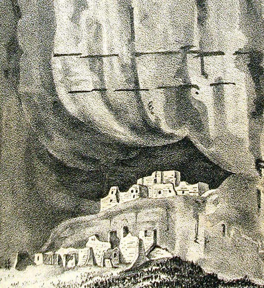 Detail of ruins at Canyon de Chelly, lithograph after drawing by Richard Kern, Reconnaissances of Routes from San Antonio to El Paso ... and the Report of Lieut. J. H. Simpson of an Expedition into Navajo Country, p. 53, 1850 (Linda Hall Library)