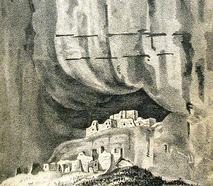 Detail of ruins at Canyon de Chelly, lithograph after drawing by Richard Kern, Reconnaissances of Routes from San Antonio to El Paso ... and the Report of Lieut. J. H. Simpson of an Expedition into Navajo Country, p. 53, 1850 (Linda Hall Library)