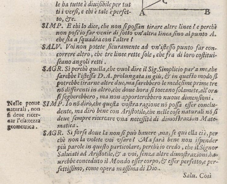 A sample page of text, with the speakers, SIMP., SAGR., AND SALV., identified at the left, Dialogo … sopra i due massimi sistemi del mondo, by Galileo Galile, 1632, copy 1, page 6 (Linda Hall Library)