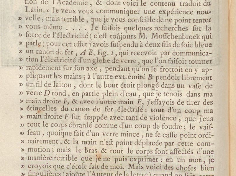 Beginning of Pieter van Musschenberoek’s letter to Reaumur, Jan. 20, 1746, detailing the Leyden jar experiment, second page of abbé Nollet’s paper, Mémoires de l’Académie Royale des Sciences, 1746, printed 1751 (Linda Hall Library)