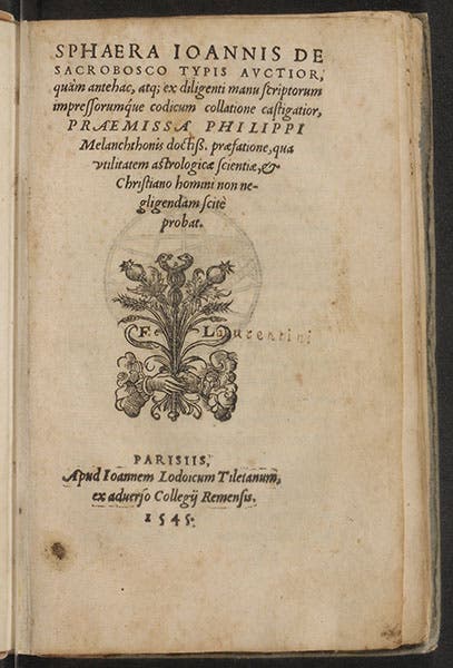 Title page of Joannes de Sacrobosco, Sphaera, 1545, with mention of Philipp Melanchthon’s preface (Linda Hall Library)