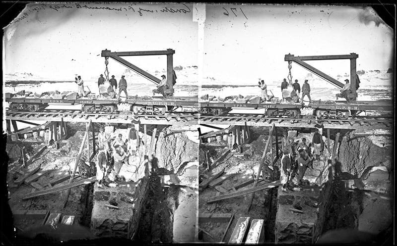 Constructing a permanent bridge, Green River, Wyoming, stereo collodion glass negative, by Andrew J. Russell, 1869, Oakland Museum of California (collections.museumca.org)