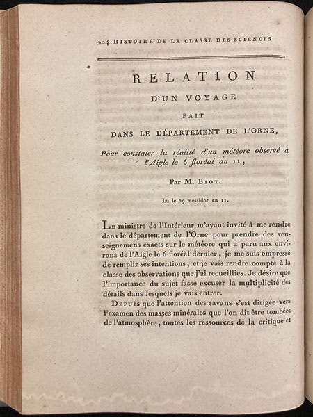 First page of Biot’s “Relation d’un voyage”, describing his visit to l’Aigle in 1803, in Memoires … de l’Institut national de France, vol. 7, 1806 (Linda Hall Library)
