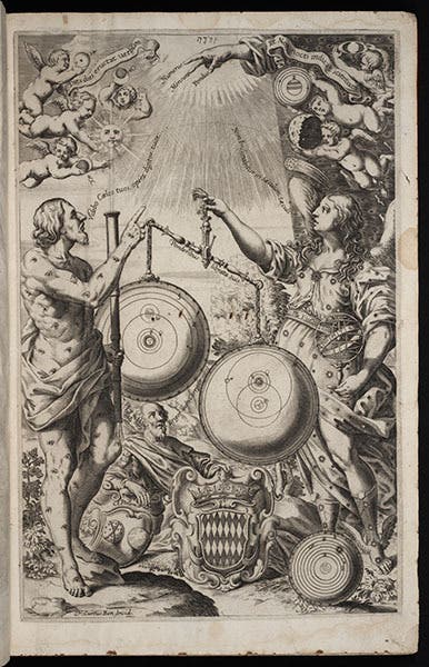 The “Weighing of World Systems,” engraved frontispiece, Almagstum novum, by Giovanni Battista Riccioli, vol. 1, 1651 (Linda Hall Library)