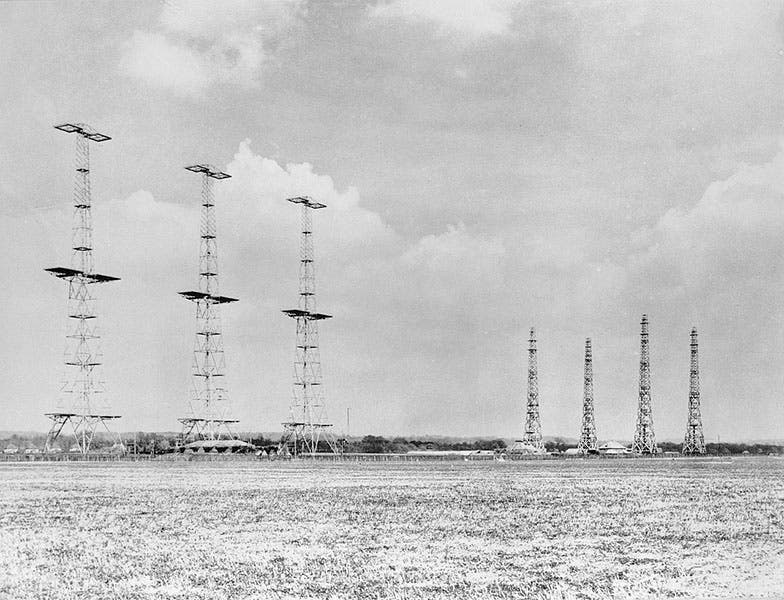 Chain Home radar installation at Poling, Sussex, photograph, 1945.  The transmitting antennas were slung between the tall towers at left; the receiving antenna towers are at right (Wikimedia commons)
