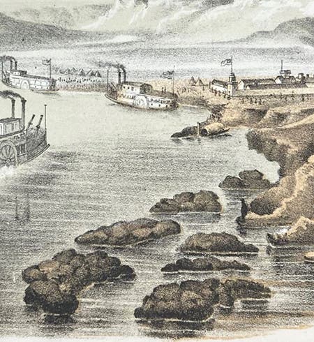 Fort Benton on the upper Missouri River, detail of lithographed frontispiece by Gustav Sohon, Report on the Construction of a Military Road from Fort Walla-Walla to Fort Benton, by John Mullan, 1863 (Linda Hall Library)