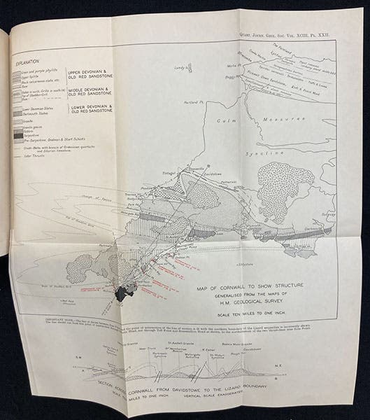 Geological map of Cornwall, accompanying paper by Eileen M. Lind Hendriks, in Quarterly Journal of the Geological Society of London, vol. 93, plate 22, 1937 (Linda Hall Library)
