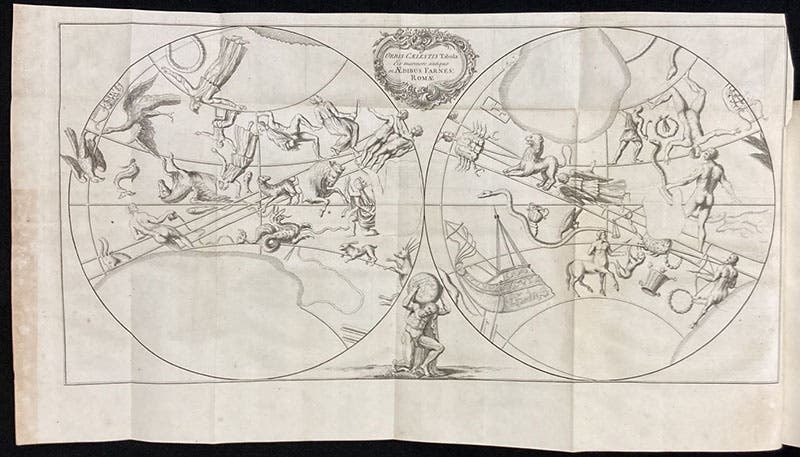 Engraving of the surface of the Farnese globe, frontispiece to M. Manilii Astronomicon, ed. by Richard Bentley, 1739 (Linda Hall Library)