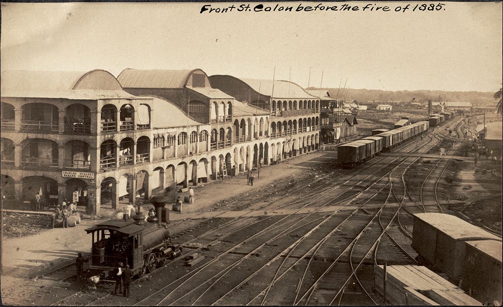 Front St. in Colón, the Atlantic terminus of the railroad, in the early 1880s. From A.B. Nichols Notebooks. View in Digital Collection »