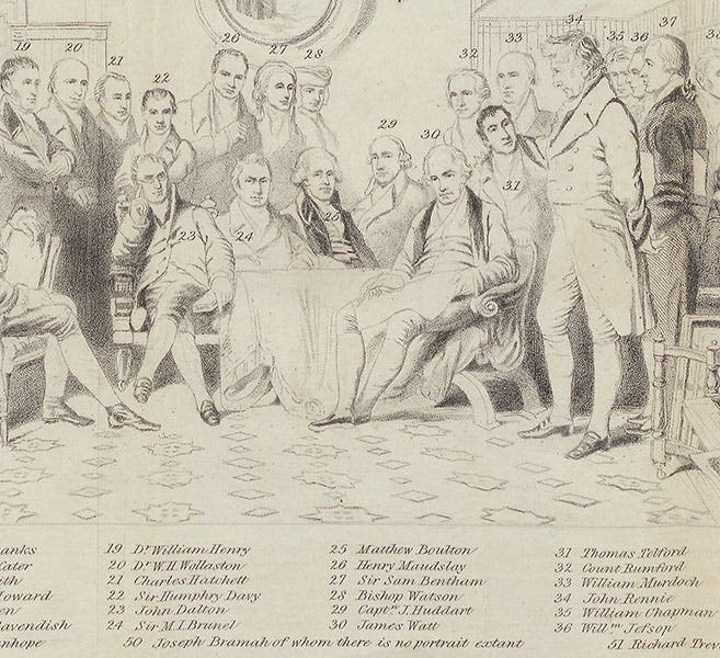 Detail of frontispiece engraving by William Walker, Jr., in his Memoirs of the Distinguished Men of Science of Great Britain Living in the Years 1807-8, 1862.  Joseph Huddart is no. 29, between Matthew Boulton (no. 25) and James Watt (no. 30) (author’s collection)