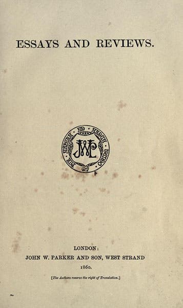 Title page of Essays and Reviews, by seven contributors, including Benjamin Jowett and Baden Powell, 1860, Internet Archive (archive.org)