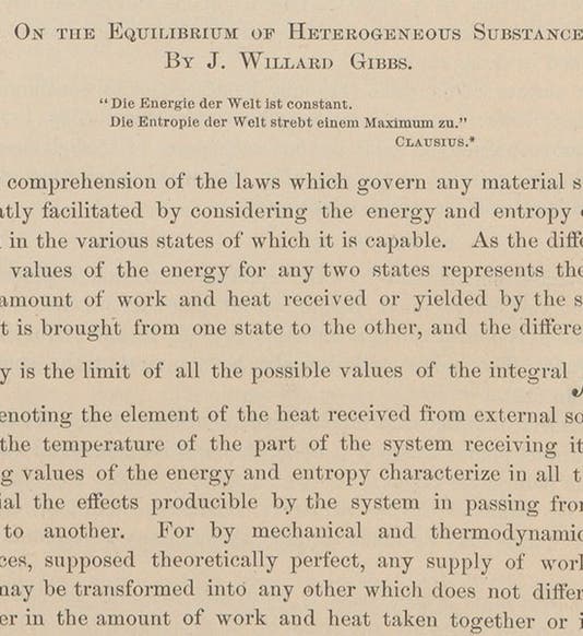 First page of the first paper by Josiah Willard Gibbs in the <i>Transactions of the Connecticut Academy of Sciences</i>, 1876 (Linda Hall Library)