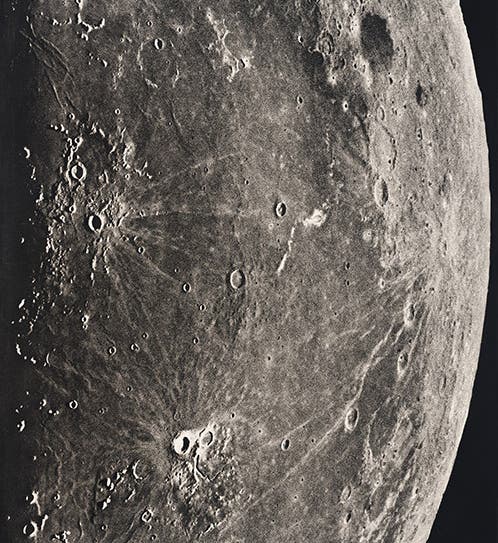 The lunar craters Grimaldi (dark crater at upper right), Kepler (center left), and Aristarchus (bright crater at bottom center), in the Ocean of Storms, Atlas Photographique de la Lune, Maurice Loewy and Pierre Henri Puiseux, 1896-1910, plate 57, taken Sep. 4, 1904 (Linda Hall Library)
