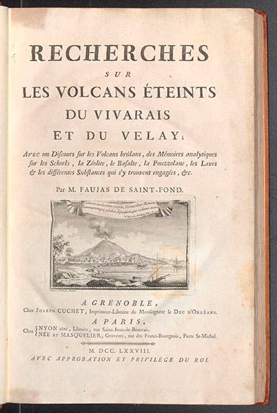 Title page, with engraved vignette, Barthélemy Faujas-de-Saint-Fond, Recherches sur les volcans éteints du Vivarais et du Velay, 1778 (Linda Hall Library)