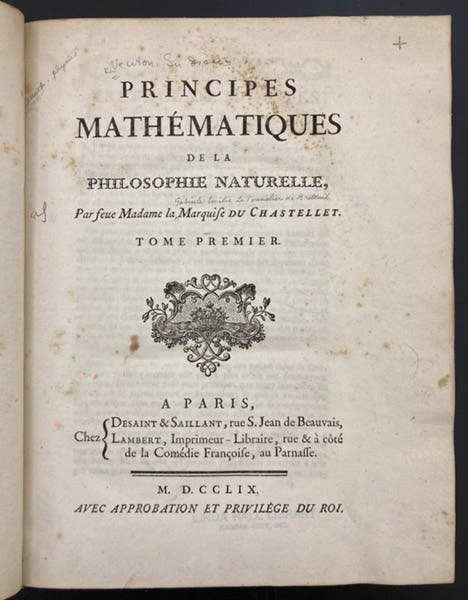 Title page of Emilie du Châtelet’s translation of Isaac Newton, Principes mathématiques de la philosophie naturelle, edited for publication by Alexis Clairaut, 1759 (Linda Hall Library)