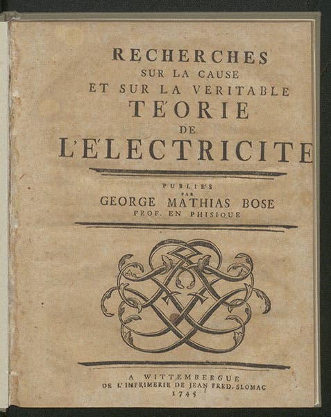 Title page, Georg Bose, Recherches sur la cause et sur la veritable téorie de l'électricite, 1745 (Linda Hall Library)
