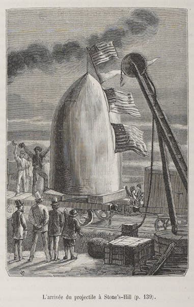The steel projectile arriving at Stone Hill, wood engraving after a design by Henri de Montaut, in De la terre à la lune, by Jules Verne, 1865, here from the 1868 ed, Bibliothèque nationale de France (gallica.bnf.fr)