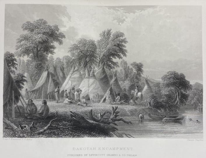 A view of an encampment of Dakota tepees, engraving after Seth Eastman, in Indian Tribes of the United States, by Henry Schoolcraft, vol. 2, 1852 (Linda Hall Library)