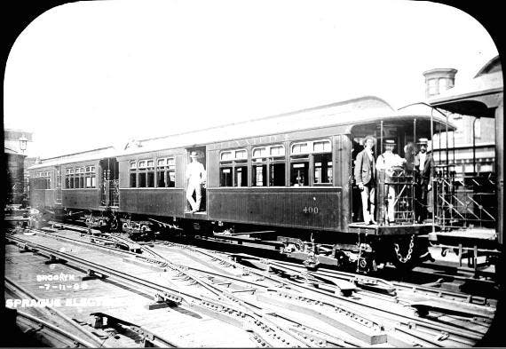A Sprague two-car multiple-unit train on the Brooklyn Union Elevated Railroad, glass plate, 1898, Shore Line Trolley Museum (bera.org)