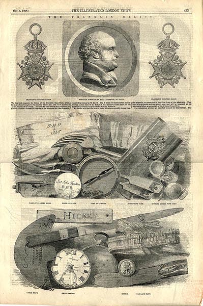 Relics from the Franklin expedition, brought back by John Rae, as they were shown in the Illustrated London News, Nov. 4, 1854 (orkneyology.com)
