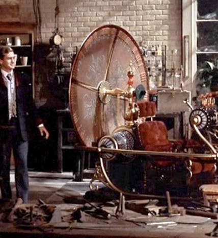 The time-sled in The Time Machine, with Rod Taylor as H. George Wells, still photo from the film, 1960 (powerpop.blog on wordpress.com)