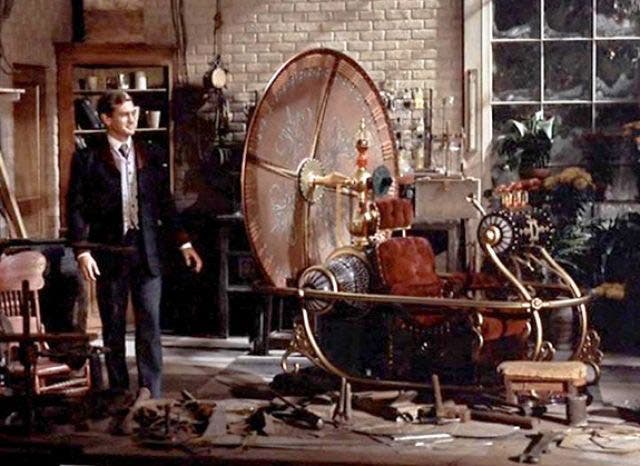 The time-sled in The Time Machine, with Rod Taylor as H. George Wells, still photo from the film, 1960 (powerpop.blog on wordpress.com)