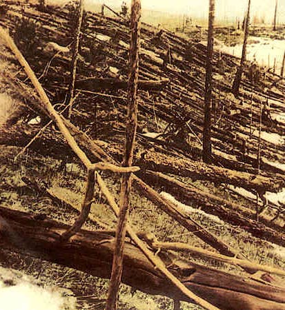 Fallen trees in the area of the Tunguska event, photo taken on Leonid Kulik expedition, 1927 (Wikimedia commons)