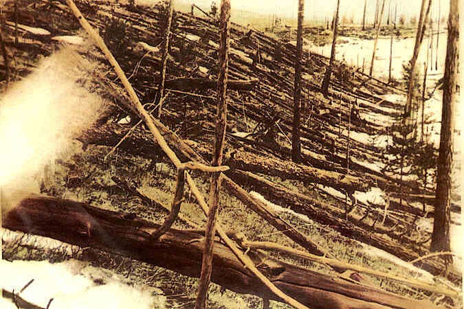 Fallen trees in the area of the Tunguska event, photo taken on Leonid Kulik expedition, 1927 (Wikimedia commons)