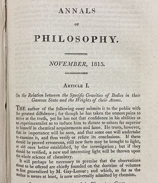 First page, “On the relation between the specific gravities of bodies in their gaseous state and the weights of their atoms,” by [William Prout], first enunciation of “Prout’s hypothesis,” Annals of Philosophy, vol. 7, 1815 (Linda Hall Library)