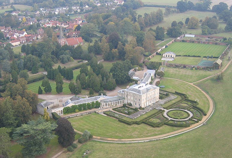 Aerial view of the baronial home of Lord Rayleigh at Terling Place, Essex. His laboratory is in the wing off to the left (essexballoons.co.uk)