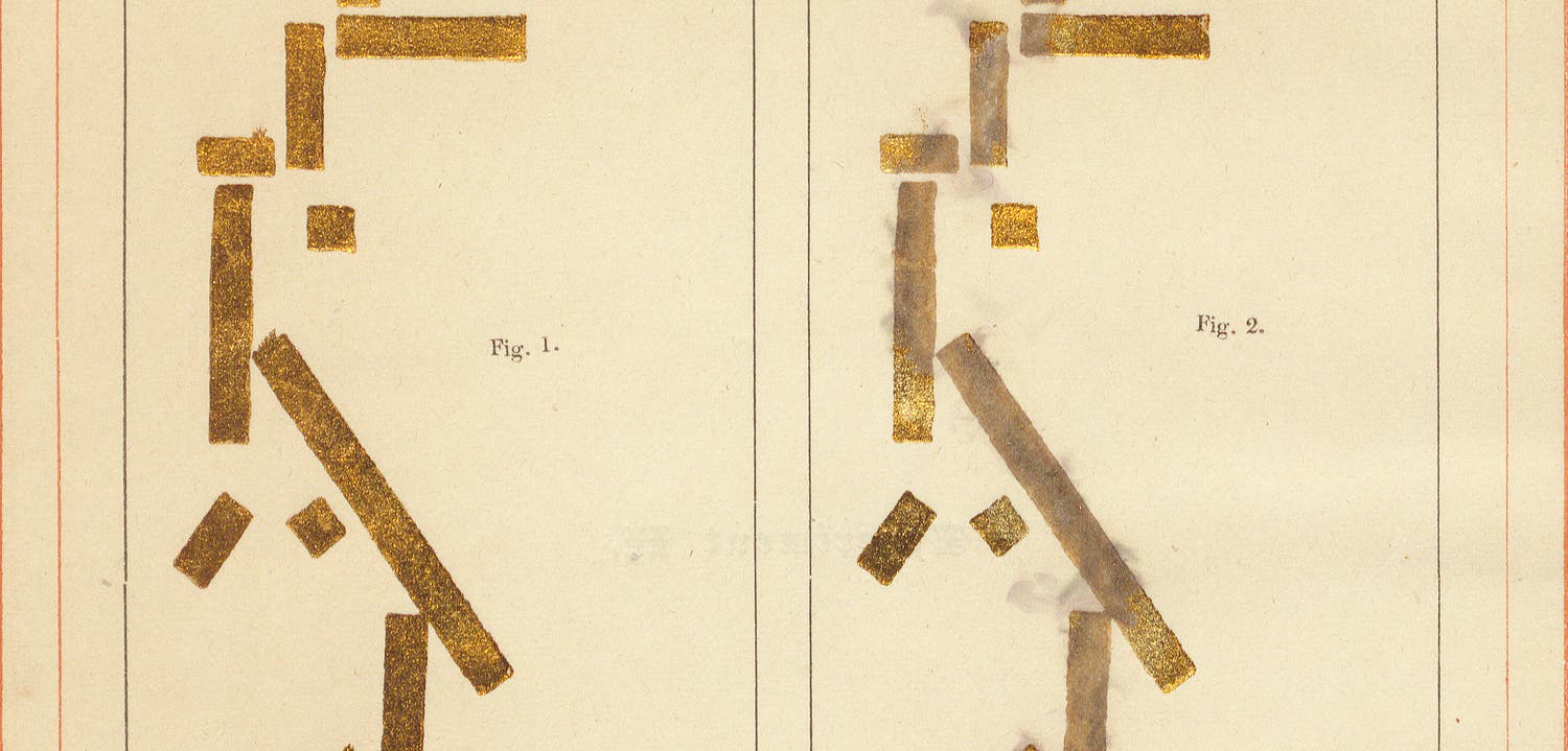 The first experimental illustration from Three Experimental Illustrations of a General Law of Electrical Discharge (Plymouth: R. Lidstone, c. 1861), p. 6. It demonstrates the course of electricity through a random array of disjointed metal surfaces.