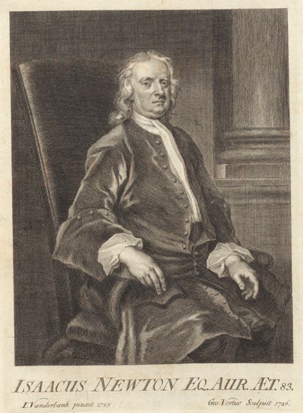Portrait of Isaac Newton, engraved by George Vertue after a painting by John Vanderbank, in Newton’s Principia, 3rd ed., 1726 (Linda Hall Library)