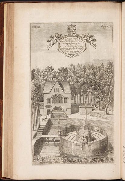 The Enstone waterworks, built by Thomas Bushell and restored by Edward Henry Lee, 1st Earl of Lichfield, to whom this plate is dedicated; engraving in The Natural History of Oxford-shire, by Robert Plot, 1676 (Linda Hall Library)