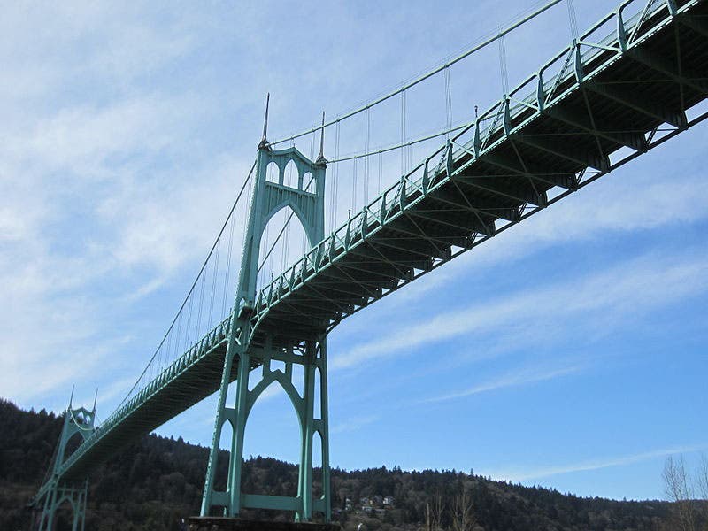 View of the St. Johns Bridge from below (Wikimedia commons)