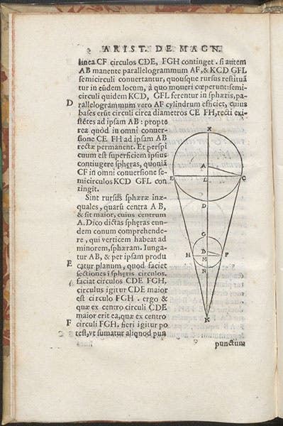 Solar eclipse diagram comparing relative sizes of Sun and Moon, Aristarchi De magnitvdinibvs et distantiis solis et lvnae liber, ed. by Federico Commandino, fol. 3v, 1572 (Linda Hall Library)