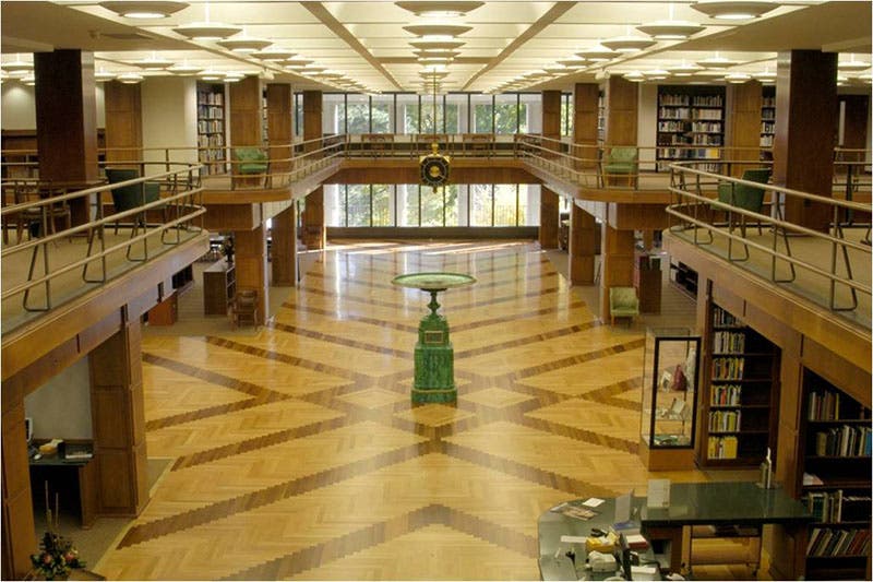 The main reading room of the Linda Hall Library, with the malachite tazza at center stage (Wikimedia commons)