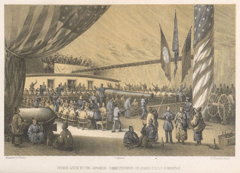 Japanese officials and U.S. officers at a state dinner aboard the U.S. steam frigate Powatan, chromolithograph, in Francis L, Hawks, Narrative of the Expedition of an American Squadron to the China Seas and Japan, vol. 1, 1856 (Linda Hall Library)