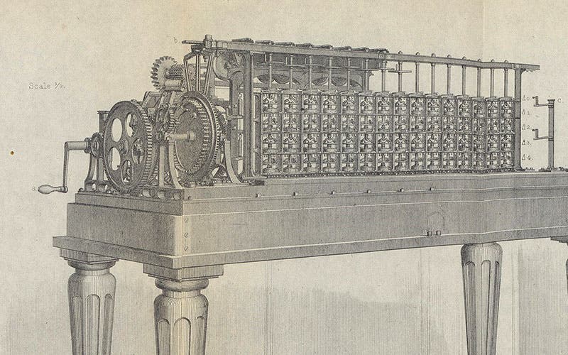Scheutz difference engine no. 2 at the Dudley Observatory, detail of engraving, Annals of the Dudley Observatory, vol. 1, p. 118, 1866 (Linda Hall Library)