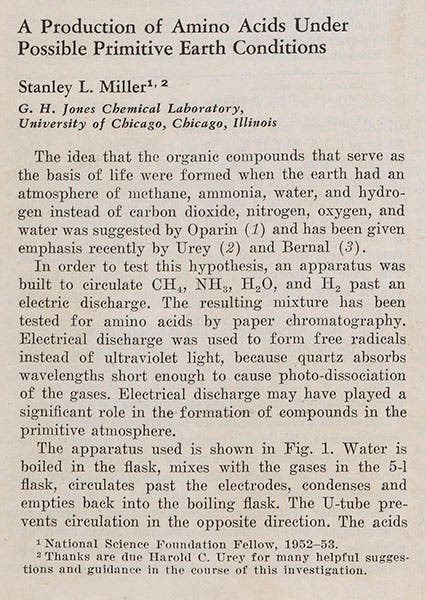 Detail of fourth image, opening of Miller’s paper, Science, 1953 (Linda Hall Library)