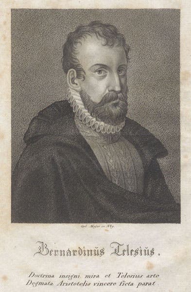 Portrait of Bernardino Telesio, aquatint frontispiece, Leben und Lehrmeinungen berühmter Physiker am Ende des XVI. und am Anfange des XVII. Jahrhunderts, by Thaddä Rixner and Thaddäus Siber, vol. 2, 1820 (Linda Hall Library)