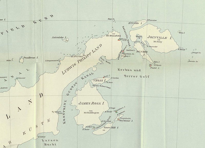 Detail of a map of the tip of the Antarctic Peninsula, showing the location of Snow Hill Island, Paulet Island, and Antarctic Sound, in Otto Nordenskjöld, Wissenschaftliche Ergebnisse der Schwedischen Südpolar-Expedition, 1901-1903, vol. 5, 1908 (Linda Hall Library)