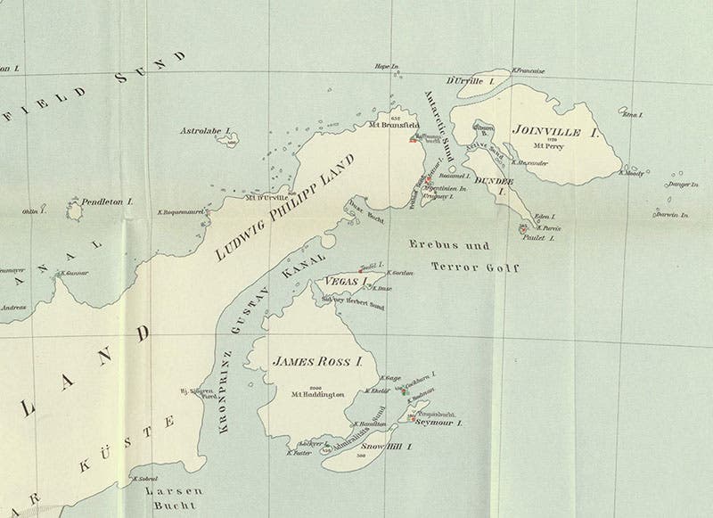 Detail of a map of the tip of the Antarctic Peninsula, showing the location of Snow Hill Island, Paulet Island, and Antarctic Sound, in Otto Nordenskjöld, Wissenschaftliche Ergebnisse der Schwedischen Südpolar-Expedition, 1901-1903, vol. 5, 1908 (Linda Hall Library)