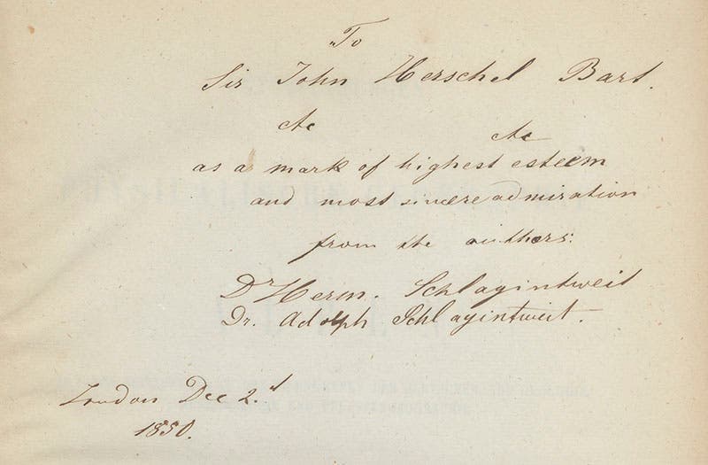 Inscription to “Sir John Herschel,” from the Schlagintweit brothers in a presentation copy of Hermann and Adolph von Schlagintweit, Untersuchungen über die physikalische Geographie der Alpen, 1850 (Linda Hall Library)